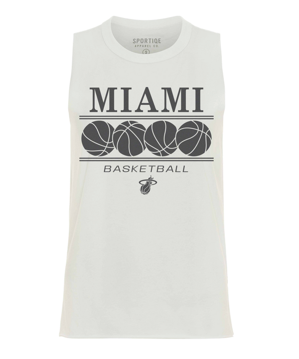 The Sportiqe Miami HEAT Basketball Women's Tank Top features MIAMI lettering above four basketball graphics, 