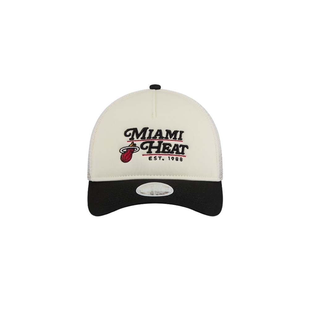 This New Era Miami HEAT Retro A-Frame Snapback features the Miami Heat logo, team name in black, and EST. 1988 embroidered on the front.