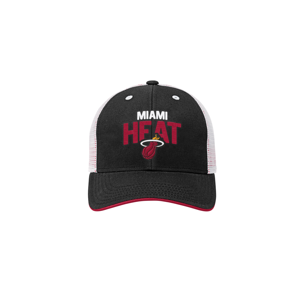 The Outerstuff Miami HEAT Lockup Youth Trucker Snapback features a black and white cotton front with team name and flaming basketball logo, red-accented curved bill, polyester mesh back for breathability, and adjustable fit.