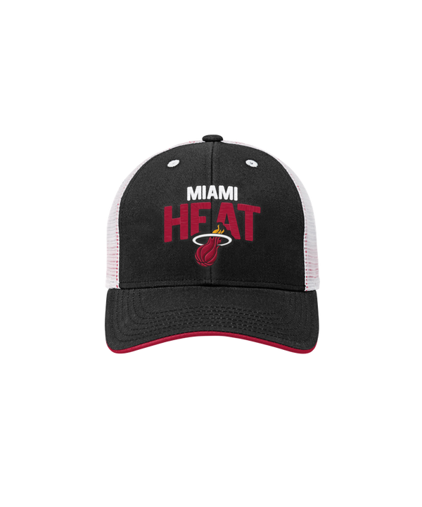 The Outerstuff Miami HEAT Lockup Youth Trucker Snapback features a black and white cotton front with team name and flaming basketball logo, red-accented curved bill, polyester mesh back for breathability, and adjustable fit.