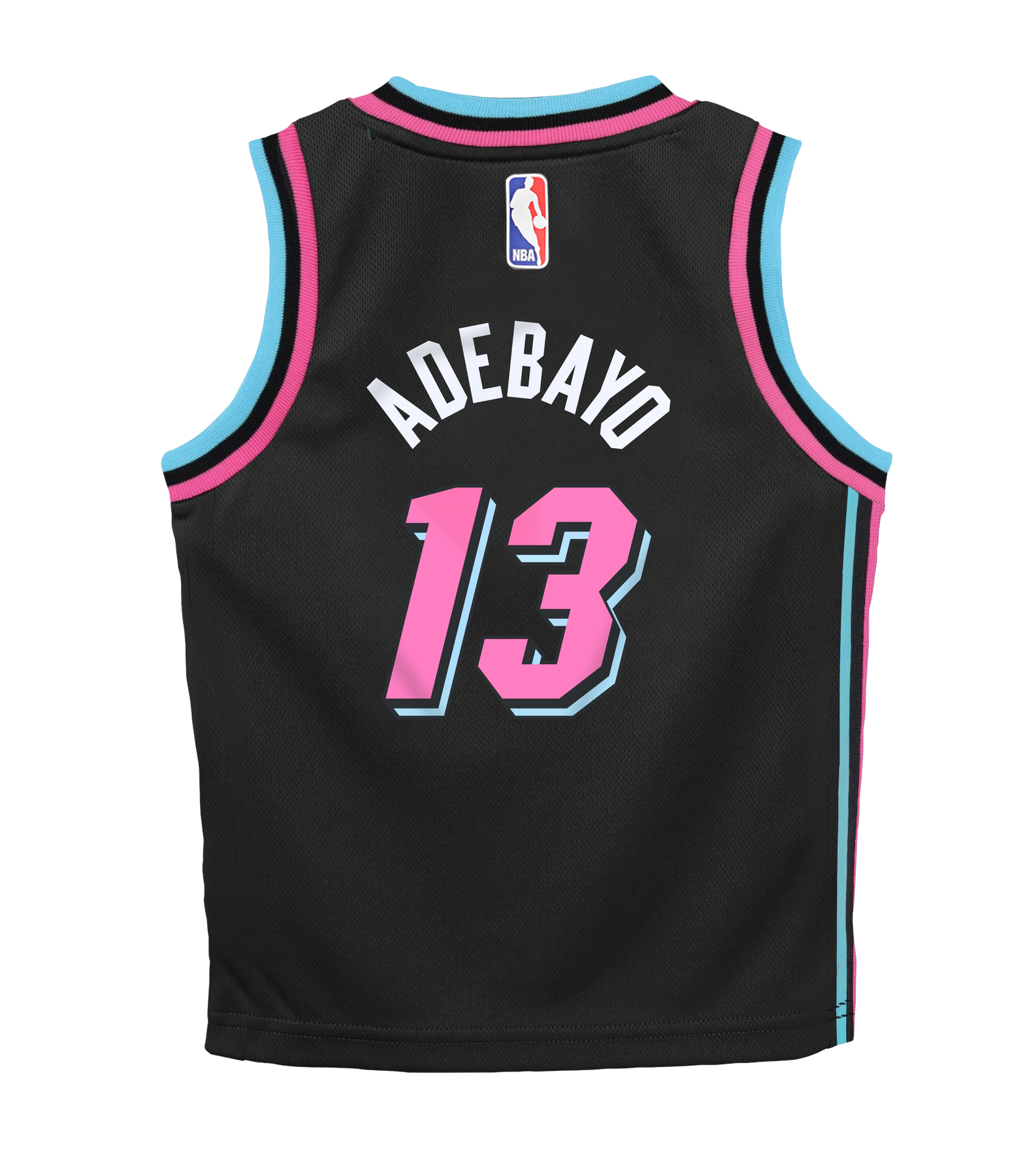The Nike Bam Adebayo Original Vice Nights Toddler Replica Jersey is a black polyester basketball jersey with blue and pink trim, featuring the NBA logo, ADEBAYO name, and number 13 in white and pink. Standard fit; machine washable.