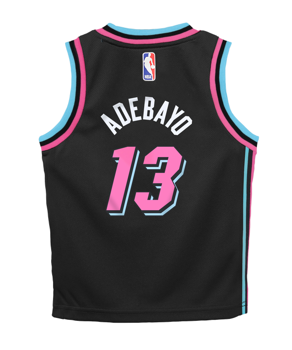The Nike Bam Adebayo Original Vice Nights Kids Replica Jersey features a standard fit in black polyester with neon pink and blue trim, 