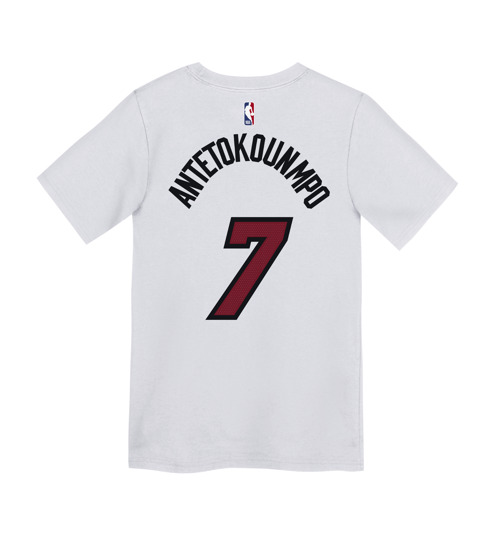 The Nike Giannis Antetokounmpo Association White Name & Number Kids Tee features “ANTETOKOUNMPO” in bold black lettering and a large maroon number 7 on the back, with a small NBA logo below the collar. This standard fit, machine-washable cotton t-shirt combines comfort and durability, making it perfect for everyday wear.