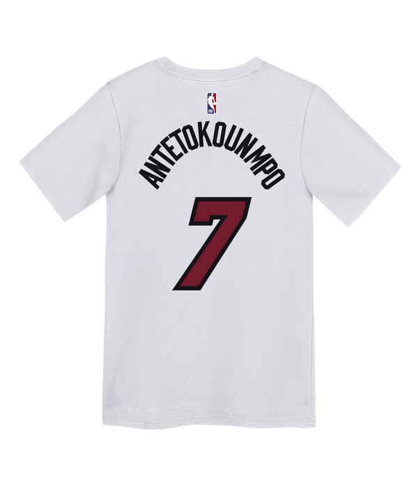 This white cotton Giannis Antetokounmpo Nike Association Kids Tee showcases the Miami Heat logo and number 7 in bold red and black on the front, accented by a small red Nike logo on the left shoulder. Designed by Nike with a standard fit for all-day comfort, this t-shirt is also machine washable for easy care.