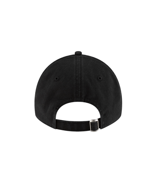 The Court Culture Ball & Flame Black Dad Hat features a subtle embroidered logo on the front, a New Era adjustable label on the brim, and is shown on a white background. One size fits most; spot clean for best care.