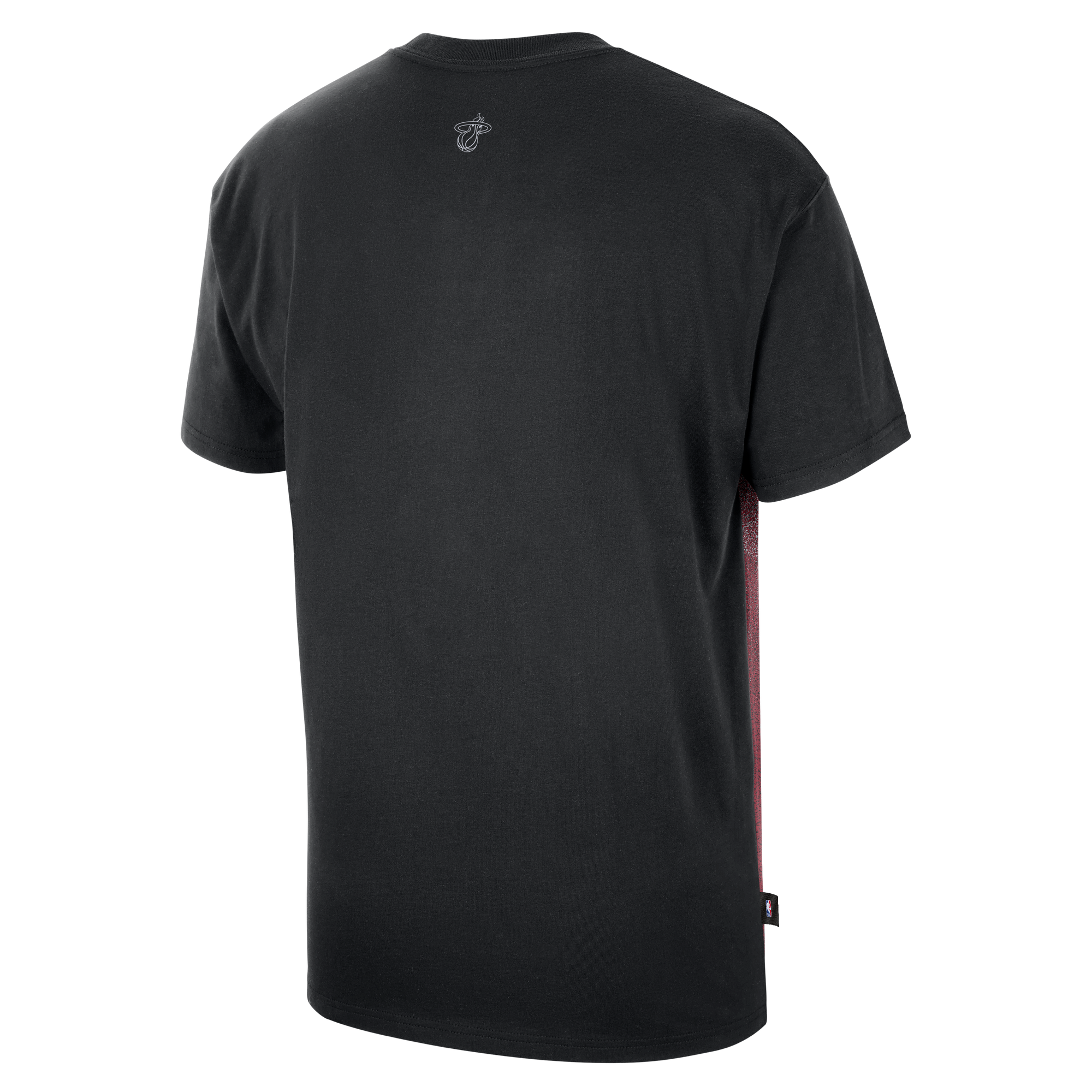 The Nike Miami HEAT Oversized Logo Game Tee by Nike is shown from the back, showcasing a small white logo at the upper center near the neckline and a distinctive red stripe detail along the left side seam. Crafted in an oversized fit for relaxed comfort, this versatile short-sleeve cotton tee embodies Miami HEAT-inspired accents for a casual yet sporty look.