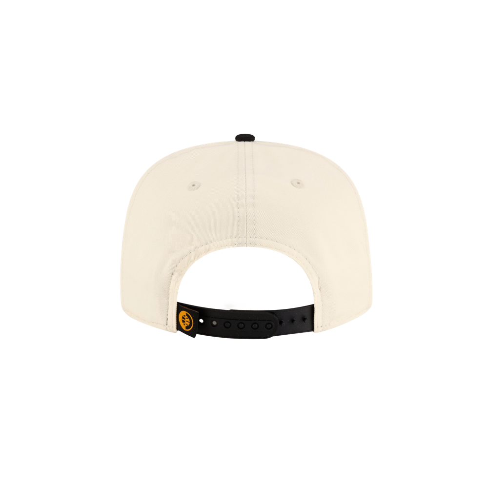 Back view of an off-white cotton Court Culture x New Era Facade Snapback, featuring a black snapback strap with a small, circular yellow logo emblem.