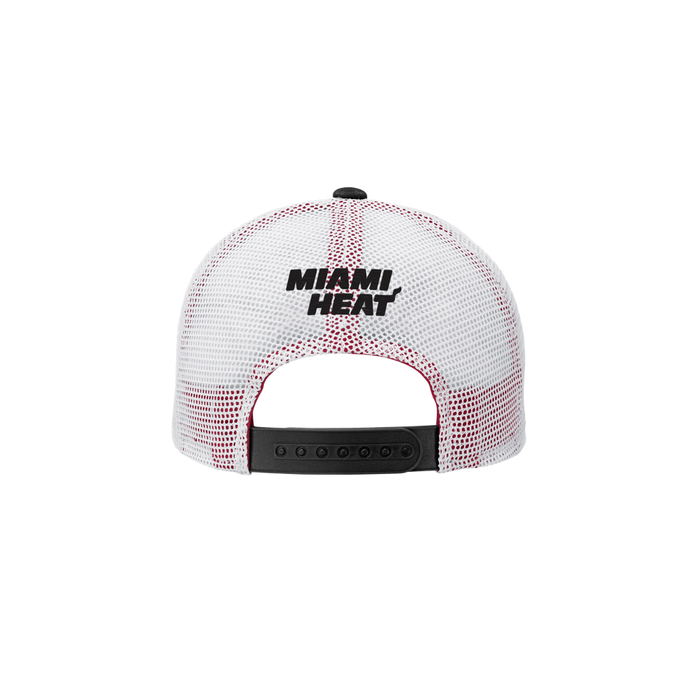 Back view of the Miami HEAT Lockup Youth Trucker Snapback by Outerstuff, featuring a white mesh polyester back, cotton front panel, and 