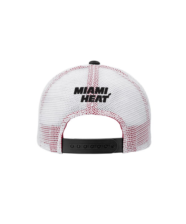 The Outerstuff Miami HEAT Lockup Youth Trucker Snapback features a black and white cotton front with team name and flaming basketball logo, red-accented curved bill, polyester mesh back for breathability, and adjustable fit.