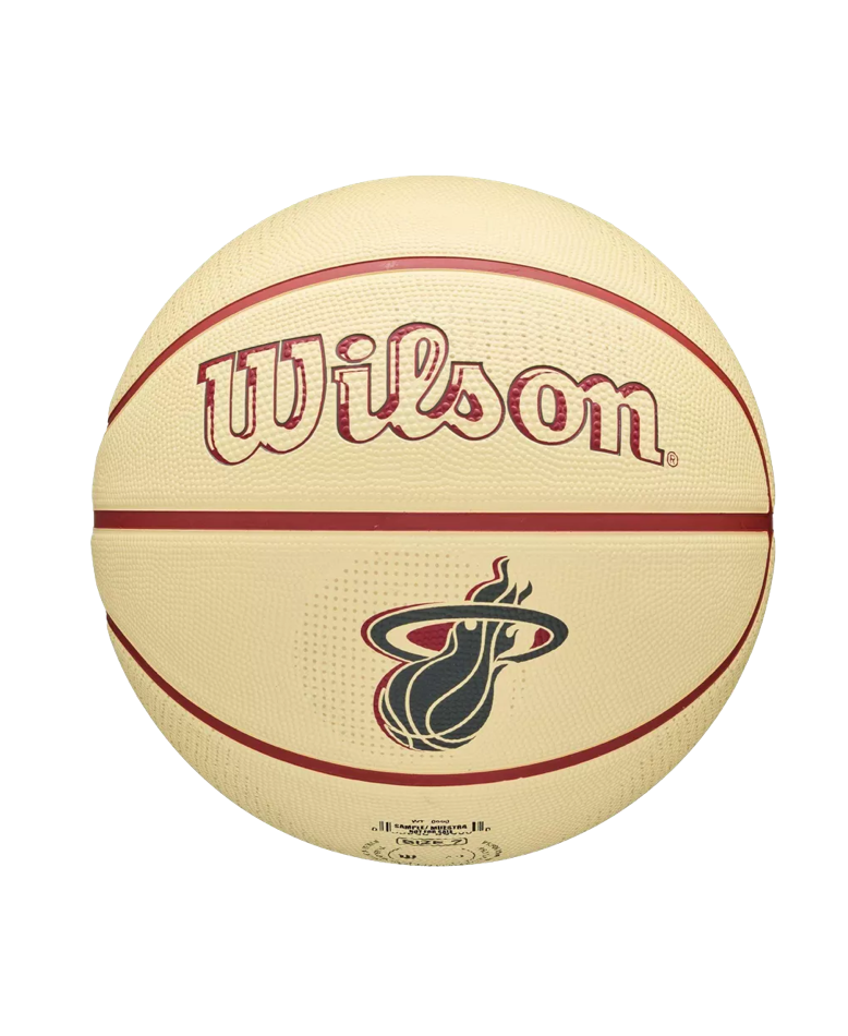 Wilson Miami HEAT Modern Rubber Basketball, off-white with red lines and team branding, positioned near a 7 pressure lock outdoor mechanism.