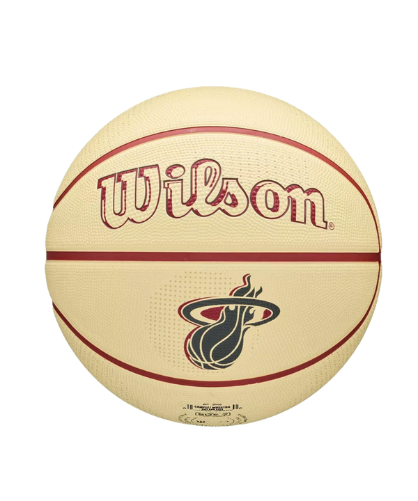 Wilson Miami HEAT Modern Rubber Basketball in cream with red seams, featuring the NBA logo, Miami HEAT text, and a 7 pressure lock design.