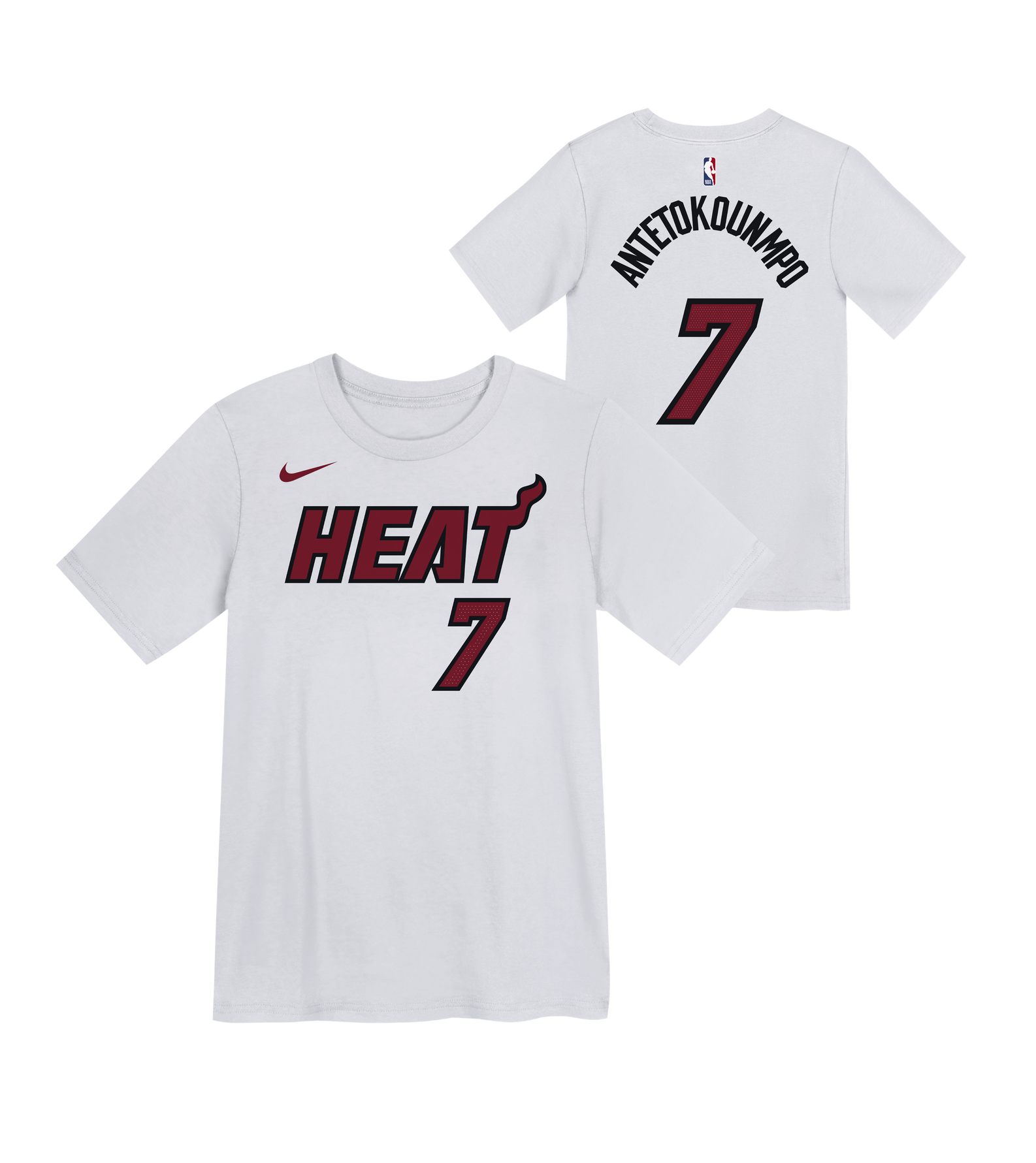 Show off your team spirit with the Giannis Antetokounmpo Nike Association White Name & Number Kids Tee. This white cotton Miami Heat t-shirt features “HEAT 7” on the front and “ANTETOKOUNMPO” with the number 7 in red and black on the back, plus a small NBA logo at the neck. Designed by Nike, this standard fit tee is machine washable and perfect for any fan.