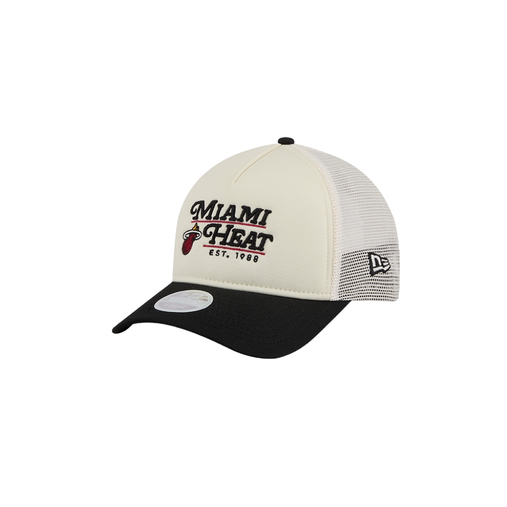 The New Era Miami HEAT Retro A-Frame Snapback features a cream front, black curved brim, white mesh back, and bold black and red Miami HEAT logo with 