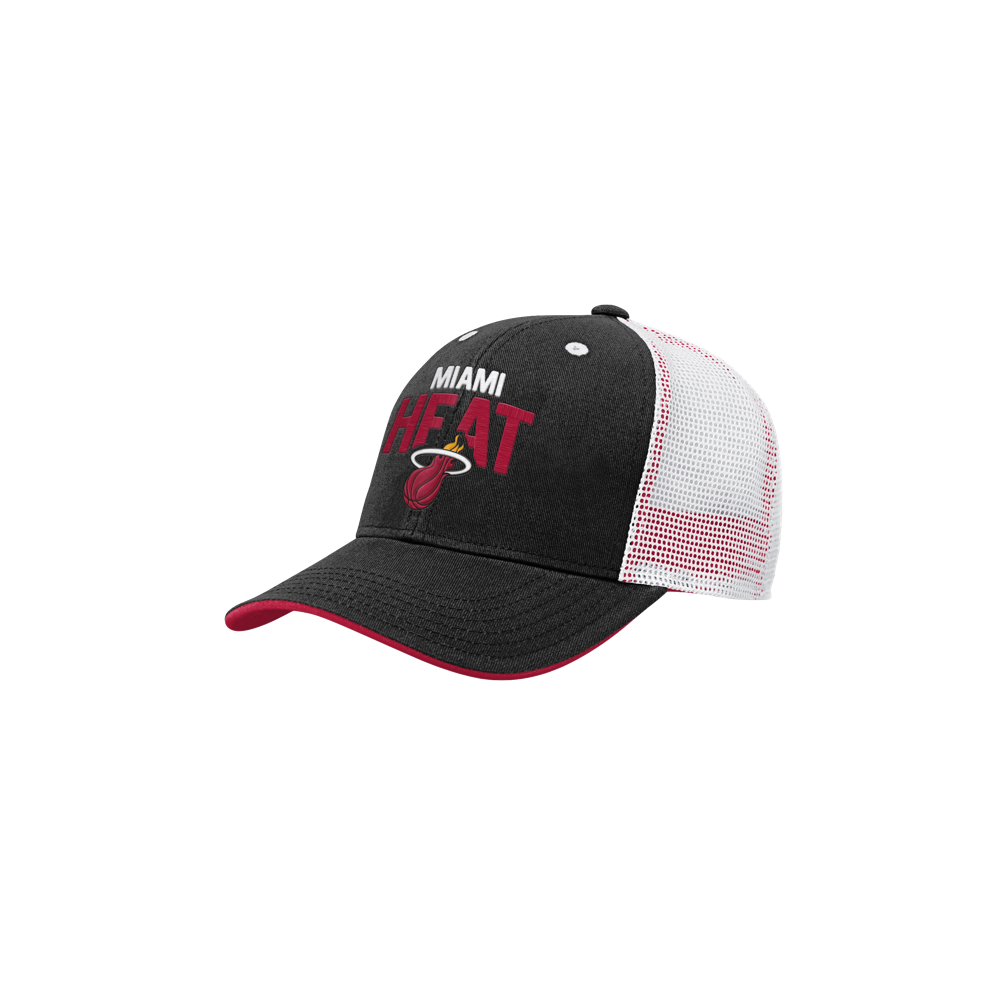 The Outerstuff Miami HEAT Lockup Youth Trucker Snapback features a black and white mesh design, cotton front, curved red brim, embroidered team logo, polyester back for breathability, and an adjustable fit.