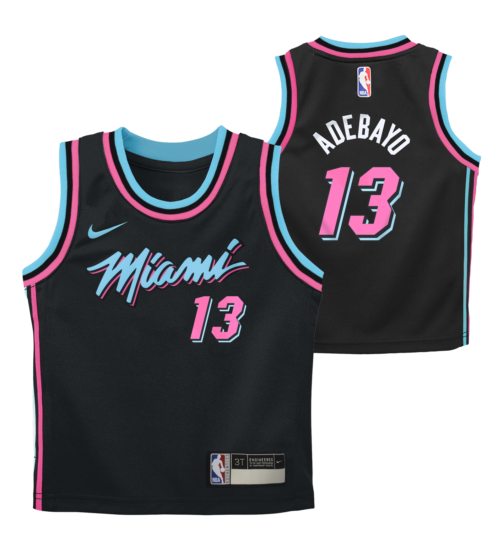 The Nike Bam Adebayo Original Vice Nights Toddler Replica Jersey features a black design with pink and blue trim, “ADEBAYO” and number 13 on the back, “Miami” and number 13 on the front. Made from polyester; machine washable.