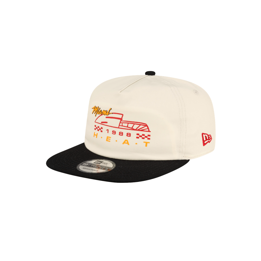 Court Culture x New Era Facade snapback in cream cotton with a black brim, featuring a front graphic with Miami, a line drawing of a building, 1988, and H.E.A.T.