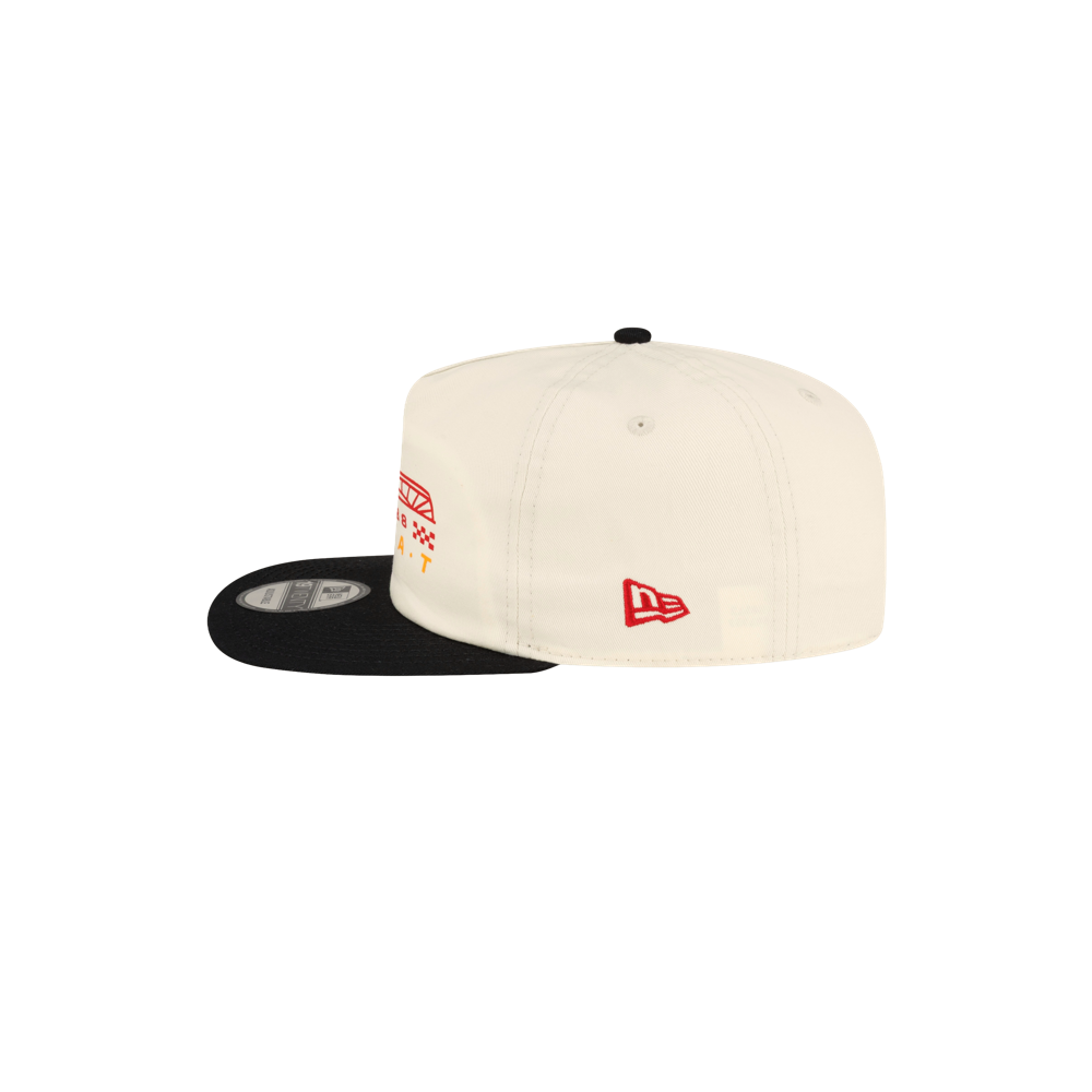 Off-white Court Culture x New Era Facade snapback hat with a black brim and a red and orange graphic on the side, designed in a one size fits most style.