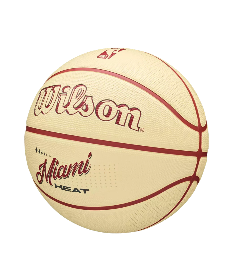 Wilson Miami HEAT Modern Rubber Basketball in cream with red seams, featuring team and league logos in a 7 Pressure Lock design.