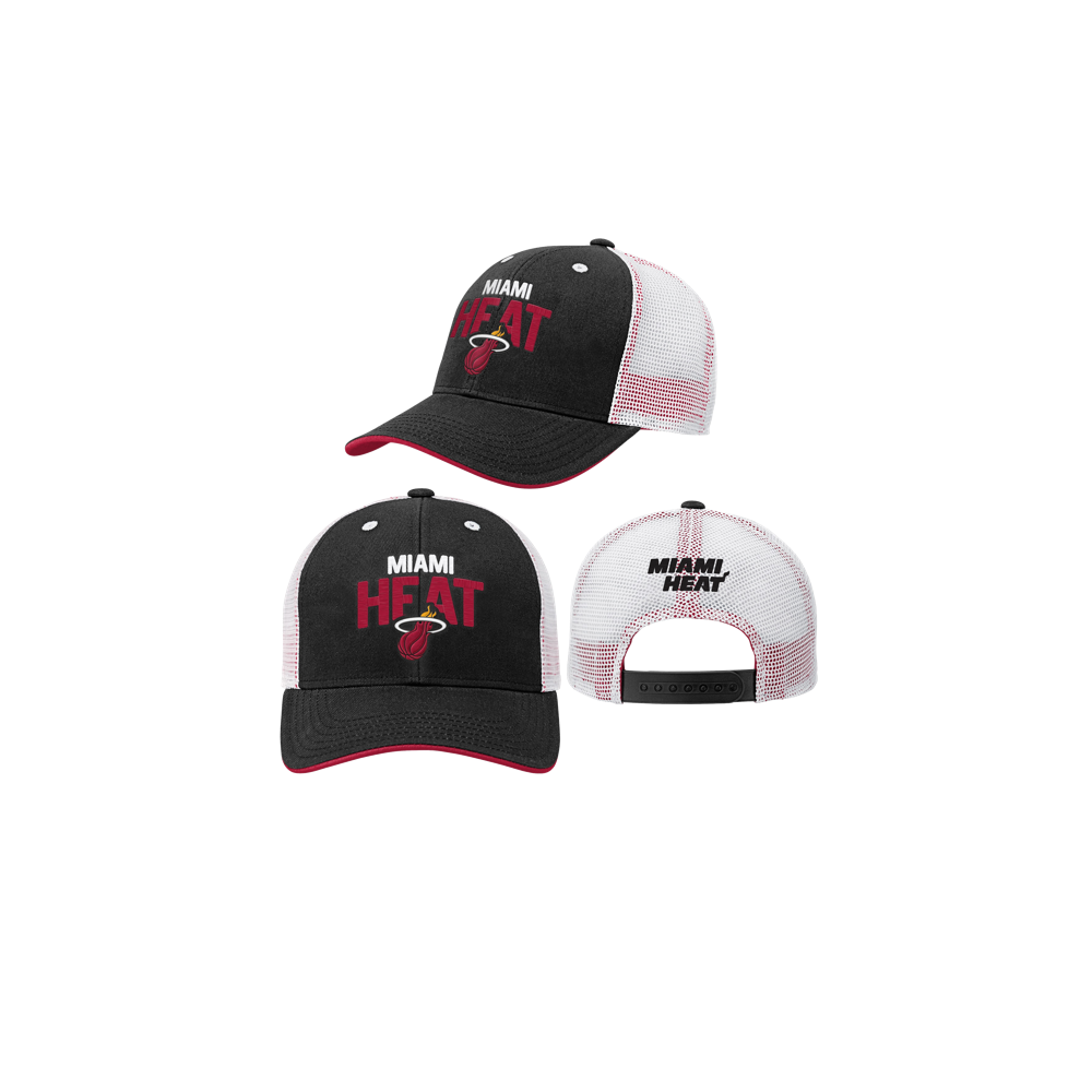 The Outerstuff Miami HEAT Lockup Youth Trucker Snapback has a black-and-white cotton front, red brim, and polyester mesh back. Shown from various angles, the hat features the Miami Heat logo and team name in red and white on the front.
