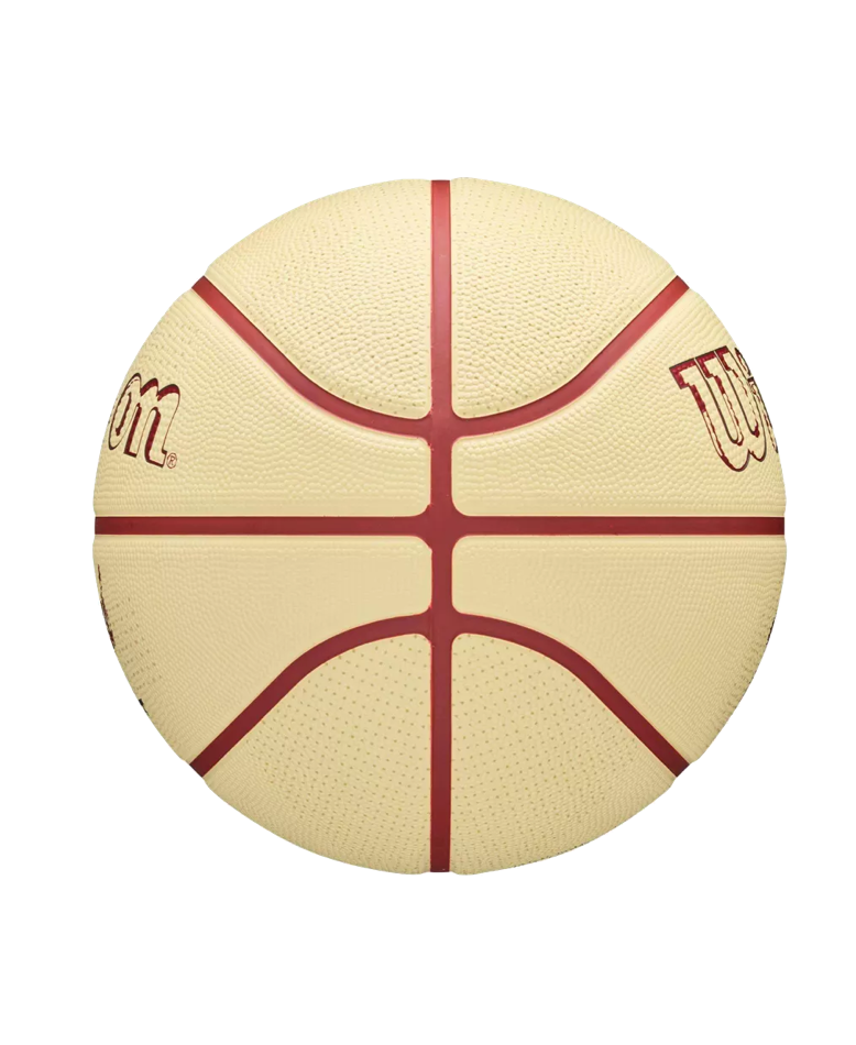 Wilson Miami HEAT Modern Rubber Basketball, an off-white basketball with red seams, dark red logos, and a 7 pressure lock design.