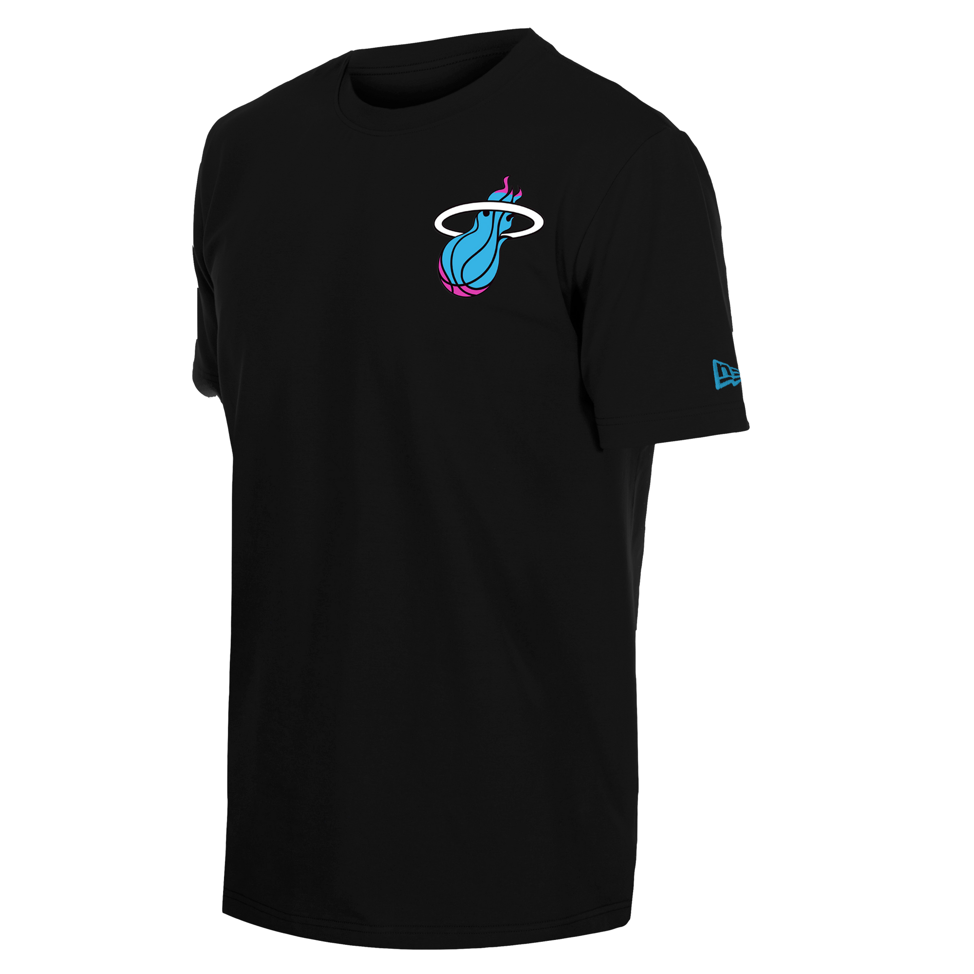 The New Era Miami HEAT Original Vice Nights Back Print Tee is a black short-sleeve cotton-spandex t-shirt with a teal, pink, and white Miami Heat logo on the left chest and a blue New Era logo on the sleeve, shown on a white background.