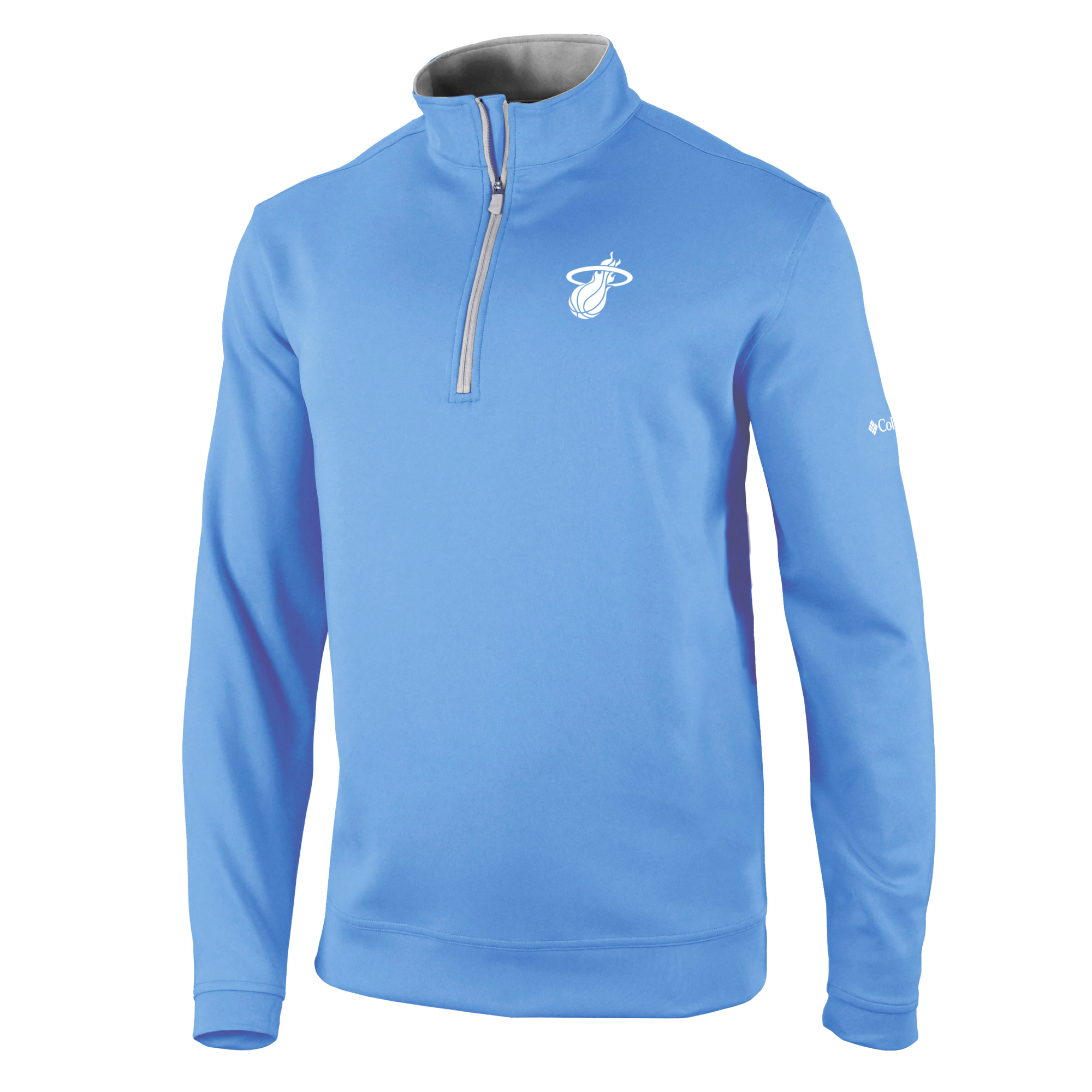 The Columbia Miami HEAT Original Vice Nights Women's Jacket by Columbia Outdoor is a light blue, long-sleeve quarter-zip with a relaxed fit, Miami Heat logo on the chest, Columbia logo on the sleeve, and gray inside collar. Polyester-spandex; machine wash cold.