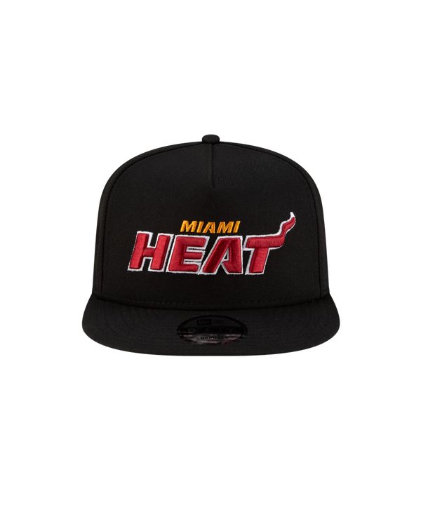 The Court Culture Miami HEAT Snapback by Court Culture is a black polyester A-frame cap with a flat brim and red and yellow embroidered Miami Heat logo on the front, shown on a plain white background.