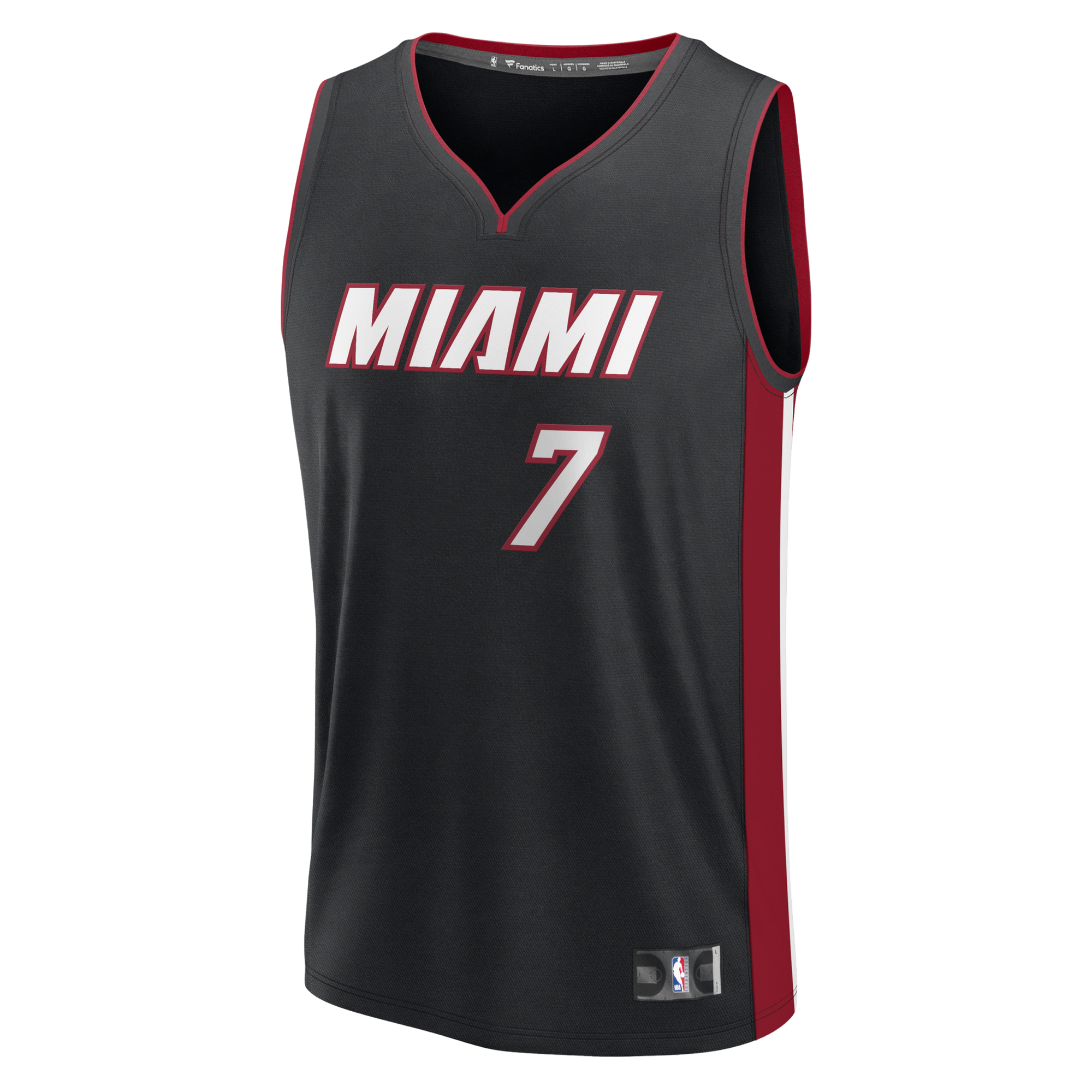 Show your team pride with the Giannis Antetokounmpo Miami HEAT Icon Black Replica Jersey by Fanatics. This sleek black basketball jersey features MIAMI in bold white and red lettering, with the number 7 on the front. The striking maroon side panels add an eye-catching detail, while the official NBA logo is displayed at the hem—perfect for any Miami HEAT fan wanting to represent their team in authentic style.