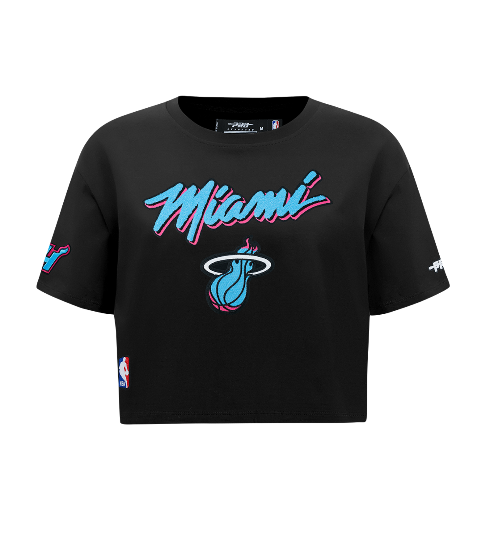 The Pro Standard Miami HEAT Original Vice Nights Women's Boxy Tee is a black cropped cotton top with 