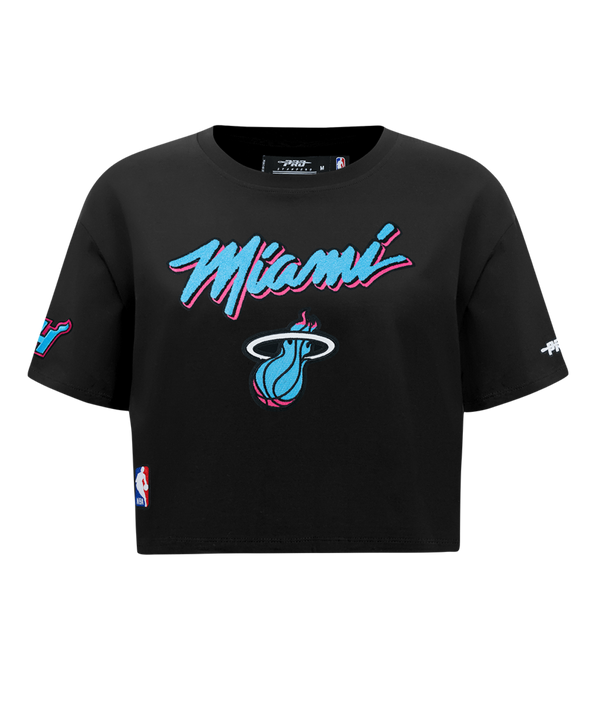 The Pro Standard Miami HEAT Original Vice Nights Women's Boxy Tee is a black cropped cotton top with 
