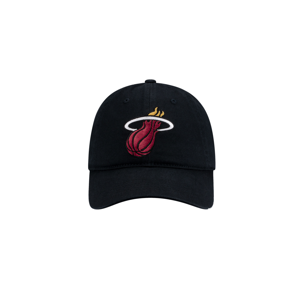 The Miami HEAT Core Logo Hat by Item Of The Game is a black cotton baseball cap with the Miami Heat flaming basketball logo embroidered on the front. One size fits most; spot clean only. Background is plain white.