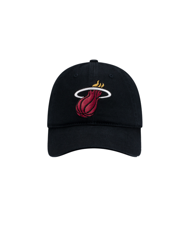 The Miami HEAT Core Logo Hat by Item Of The Game is a black cotton baseball cap with the Miami Heat flaming basketball logo embroidered on the front. One size fits most; spot clean only. Background is plain white.