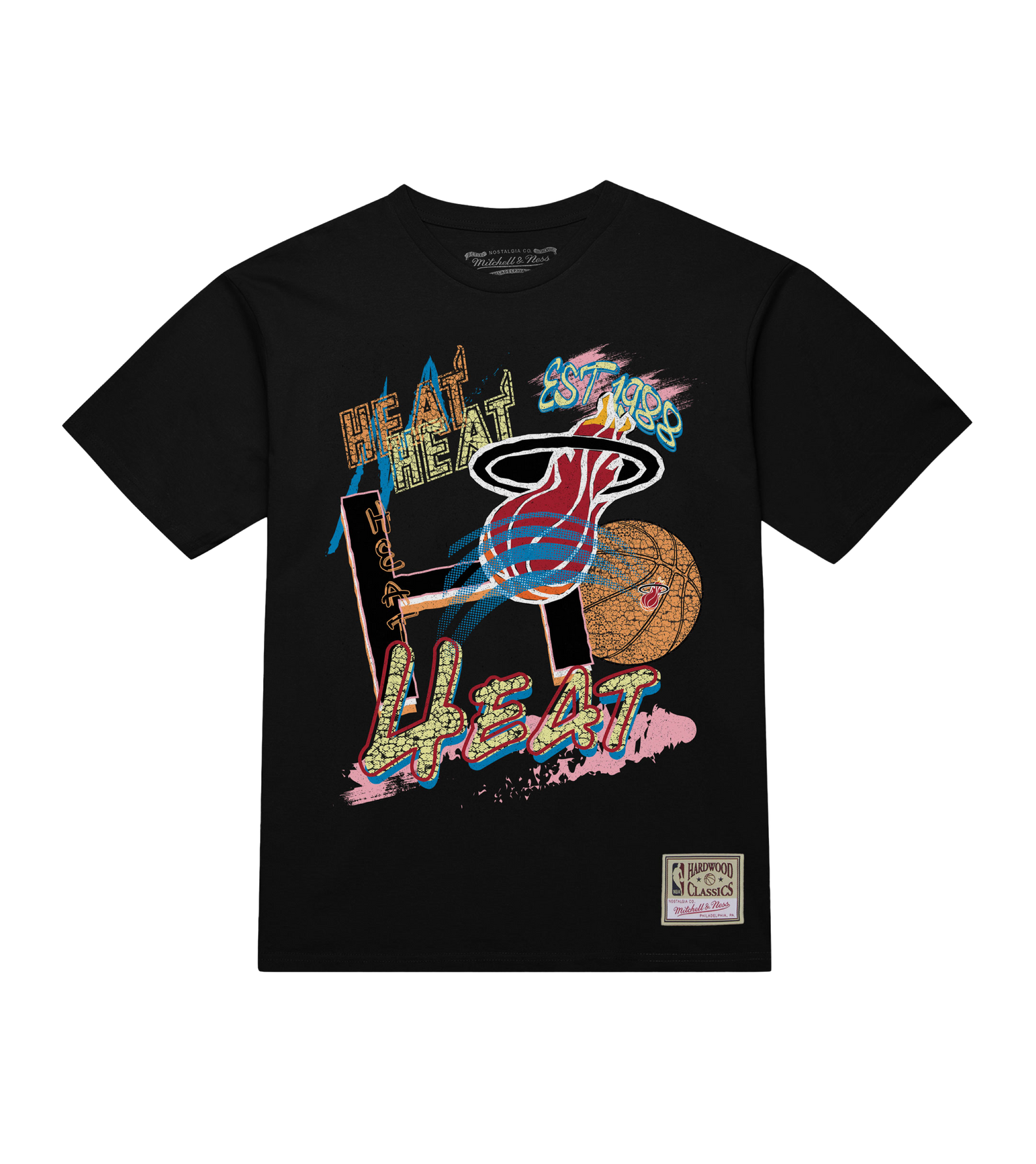 The Mitchell & Ness Miami HEAT Mixed Up Tee features a retro Heat logo graphic, “HEAT” lettering, and a 