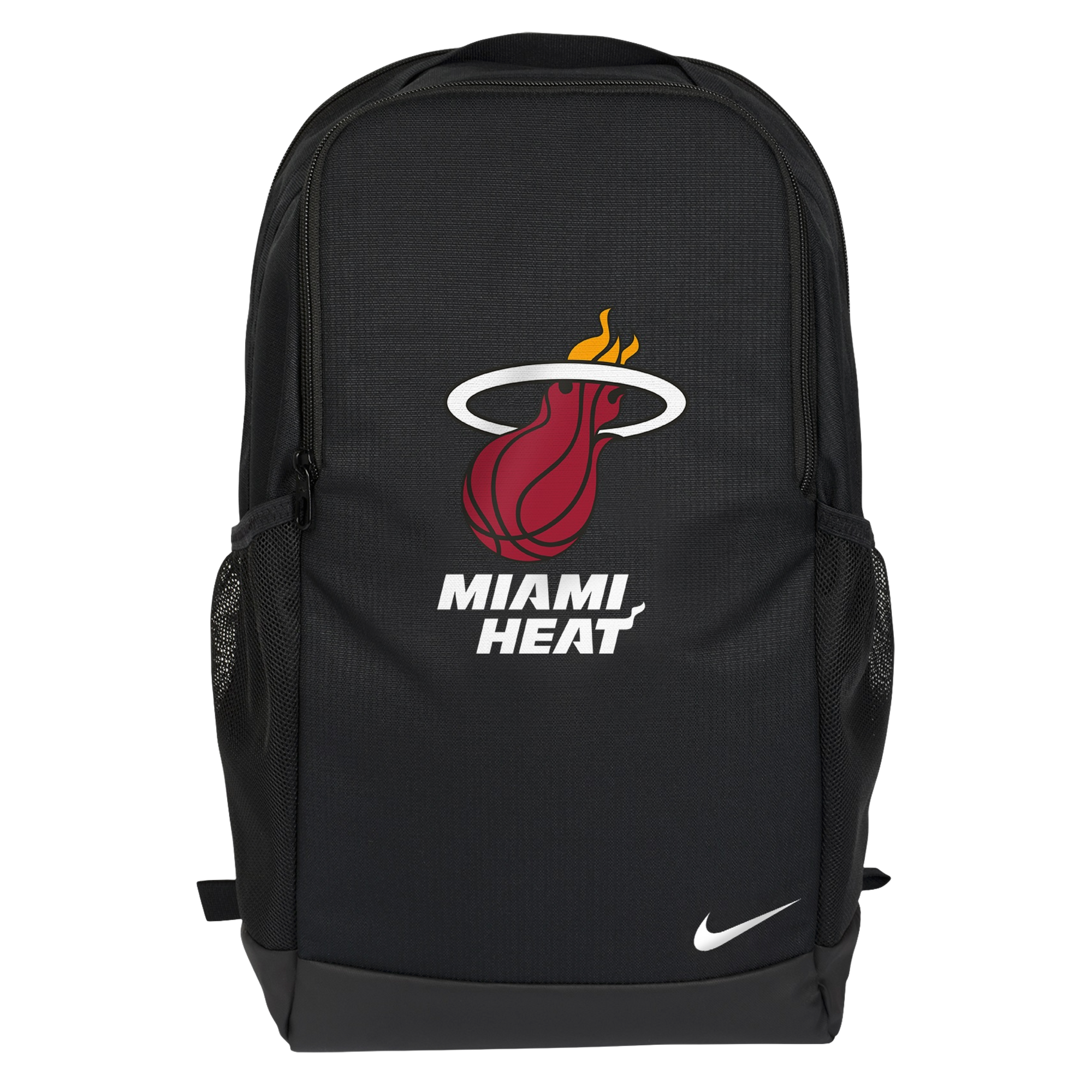 Black Nike backpack with Miami HEAT logo and white Nike swoosh at bottom front. - Nike Miami HEAT Barsilia Backpack