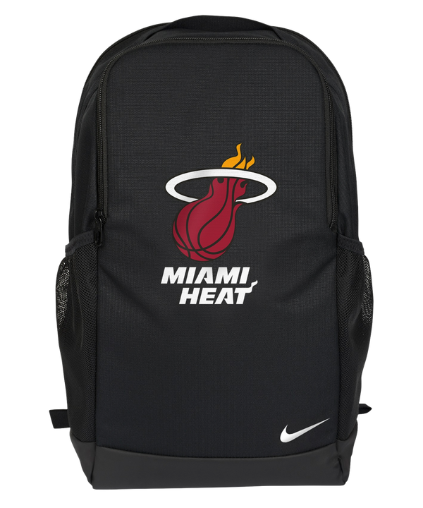 Black Nike backpack with Miami HEAT logo and white Nike swoosh at bottom front. - Nike Miami HEAT Barsilia Backpack