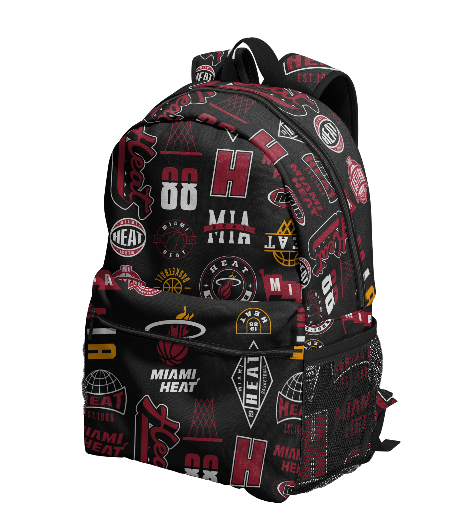 The Miami HEAT Ball Hog Backpack by Outerstuff is a black polyester backpack decorated with various Miami Heat logos and basketball-themed graphics in red, white, and yellow. It features a front zippered pocket, mesh side pockets, and adjustable shoulder straps, and is displayed against a plain white background.