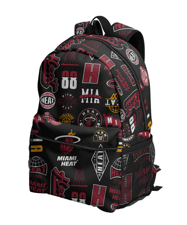 The Miami HEAT Ball Hog Backpack by Outerstuff is a black polyester backpack decorated with various Miami Heat logos and basketball-themed graphics in red, white, and yellow. It features a front zippered pocket, mesh side pockets, and adjustable shoulder straps, and is displayed against a plain white background.