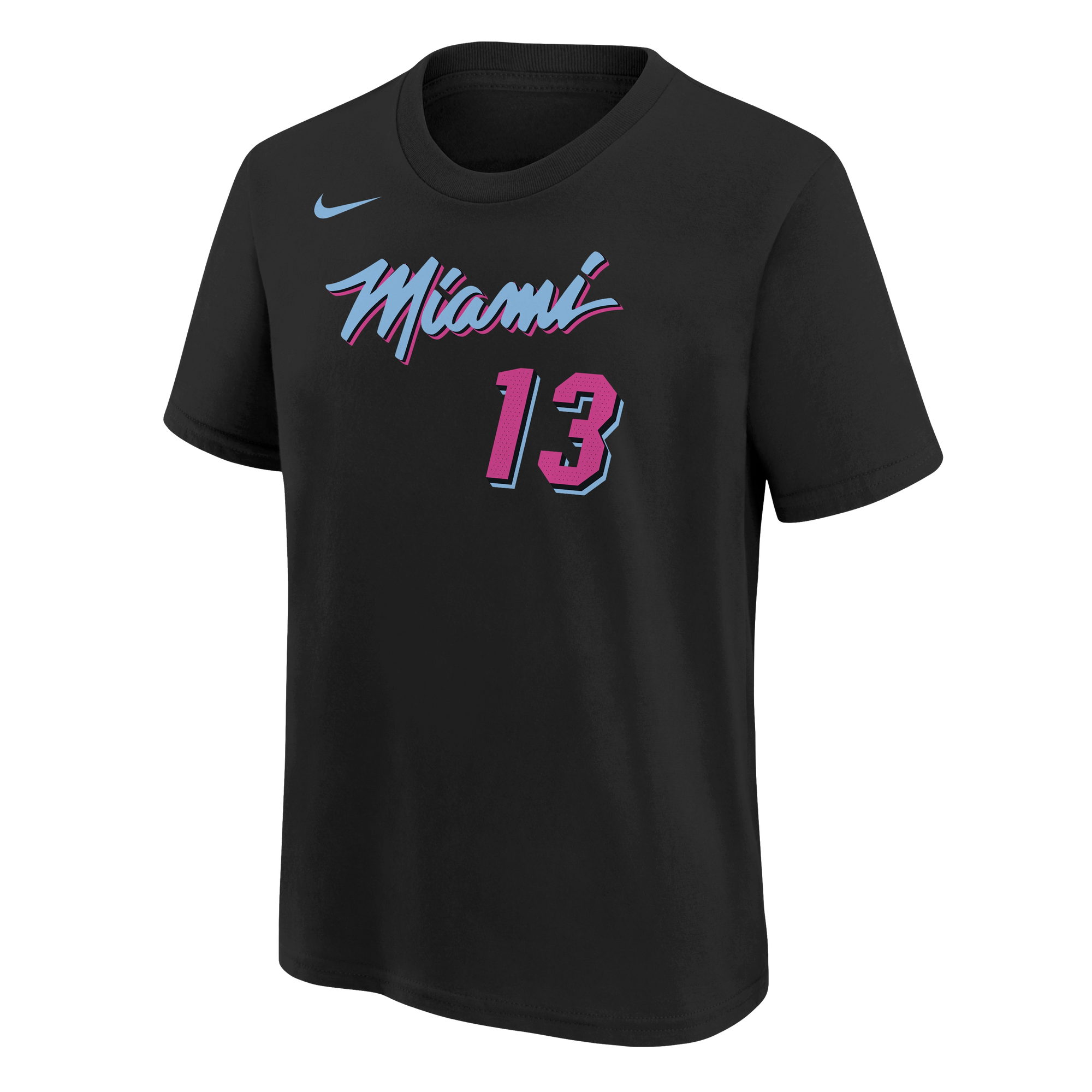 The Nike Bam Adebayo Original Vice Nights Youth Name & Number Tee is a black, soft cotton T-shirt with 