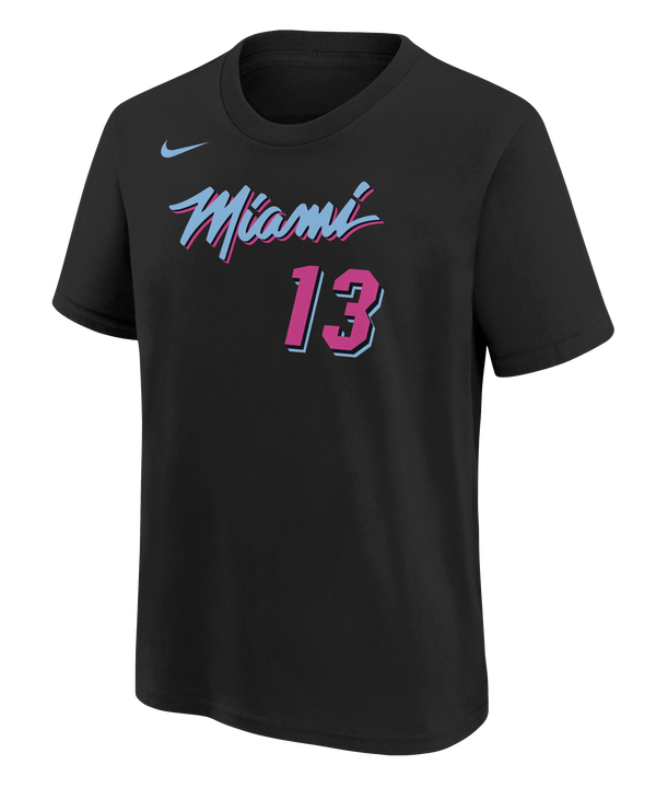 The Nike Bam Adebayo Original Vice Nights Youth Name & Number Tee is a black, soft cotton T-shirt with 