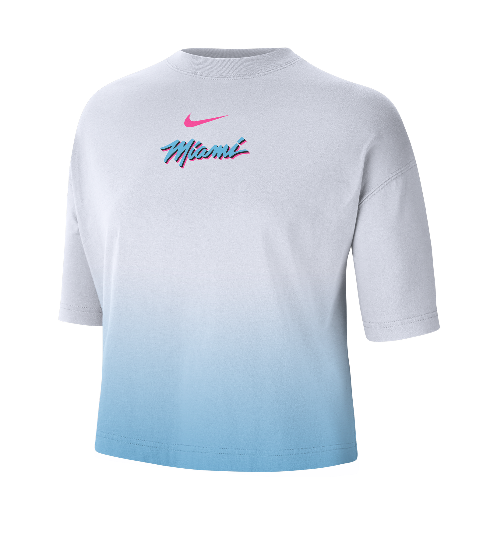 The Nike Miami HEAT Original Vice Nights Women's Boxy Tee is a loose-fit, short-sleeve cotton shirt in a white and light blue gradient, featuring a pink Nike Swoosh and 