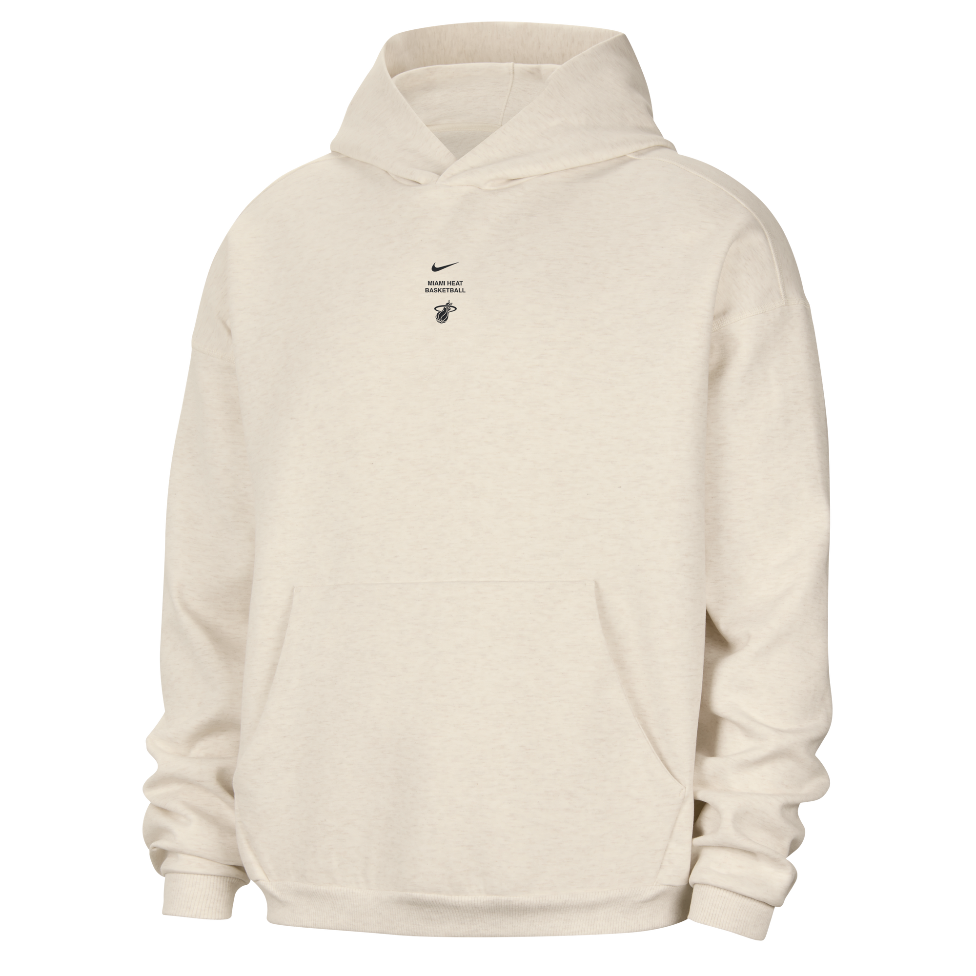 Nike Miami HEAT Standard Issue Stretch Ivory Hoodie: an off-white loose fit hooded sweatshirt with a small black Swoosh, MIAMI HEAT BASKETBALL text, and a team logo centered on the chest, featuring a front kangaroo pocket.