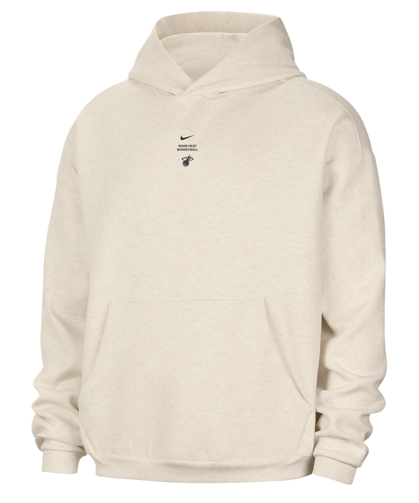 Nike Miami HEAT Standard Issue Stretch Ivory Hoodie: an off-white loose fit hooded sweatshirt with a small black Swoosh, MIAMI HEAT BASKETBALL text, and a team logo centered on the chest, featuring a front kangaroo pocket.