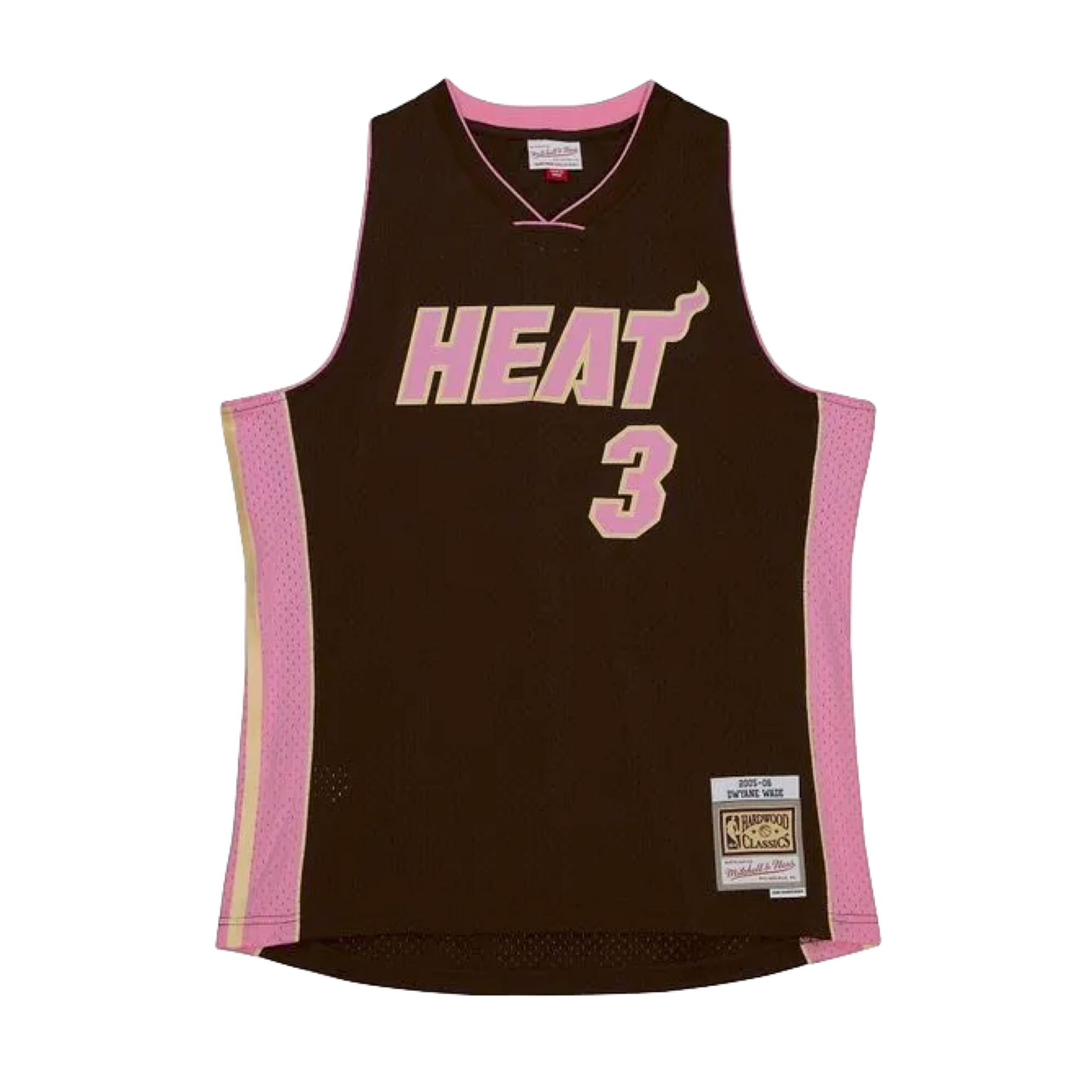 Brown Miami HEAT swingman jersey with pink side panels and number 3 on front. - Dwyane Wade Mitchell & Ness Miami HEAT 2005-06 Brown Bacon Jersey