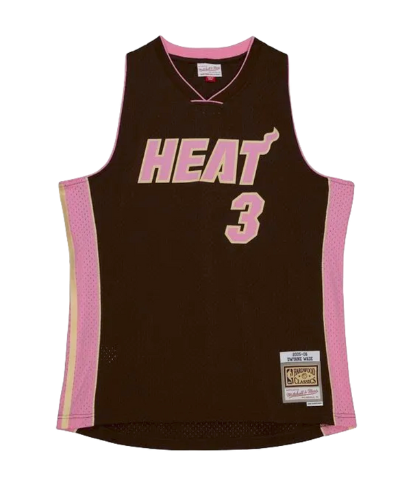 Brown Miami HEAT swingman jersey with pink side panels and number 3 on front. - Dwyane Wade Mitchell & Ness Miami HEAT 2005-06 Brown Bacon Jersey