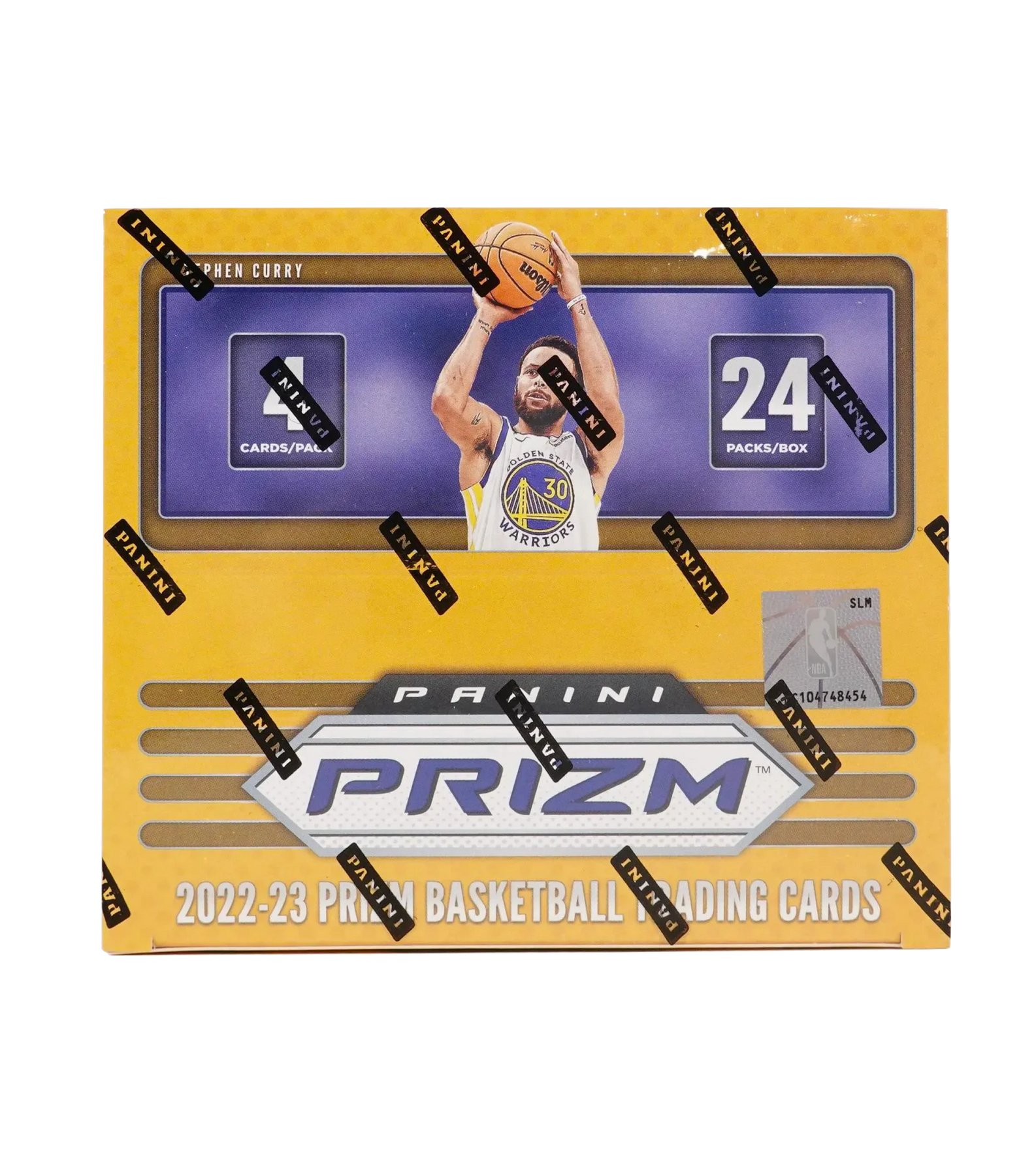 The 2022-23 Panini Prizm Basketball 24-Pack Retail Box by Sport Images features Stephen Curry and includes 24 packs of 4 cards each, sealed with Panini tape and offering possible autograph cards inside.