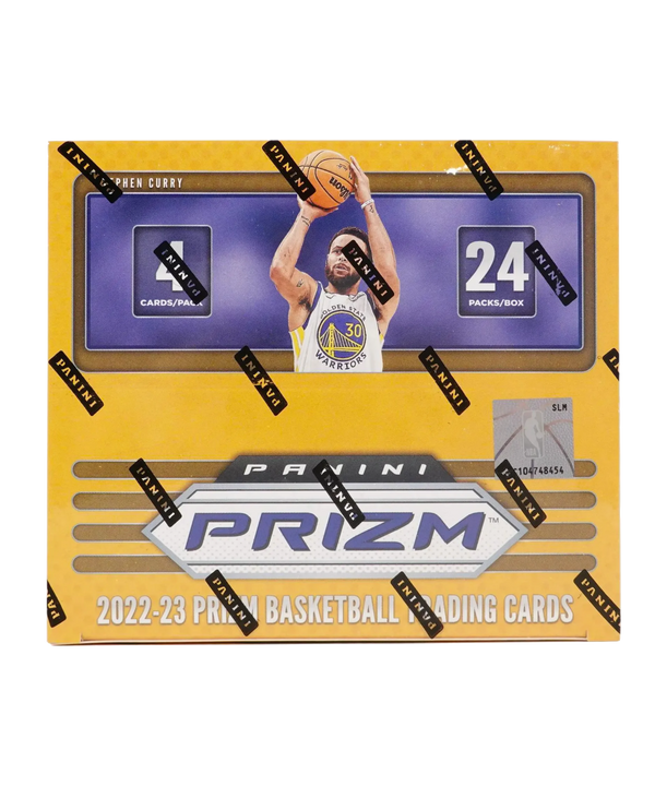 The 2022-23 Panini Prizm Basketball 24-Pack Retail Box by Sport Images features Stephen Curry and includes 24 packs of 4 cards each, sealed with Panini tape and offering possible autograph cards inside.