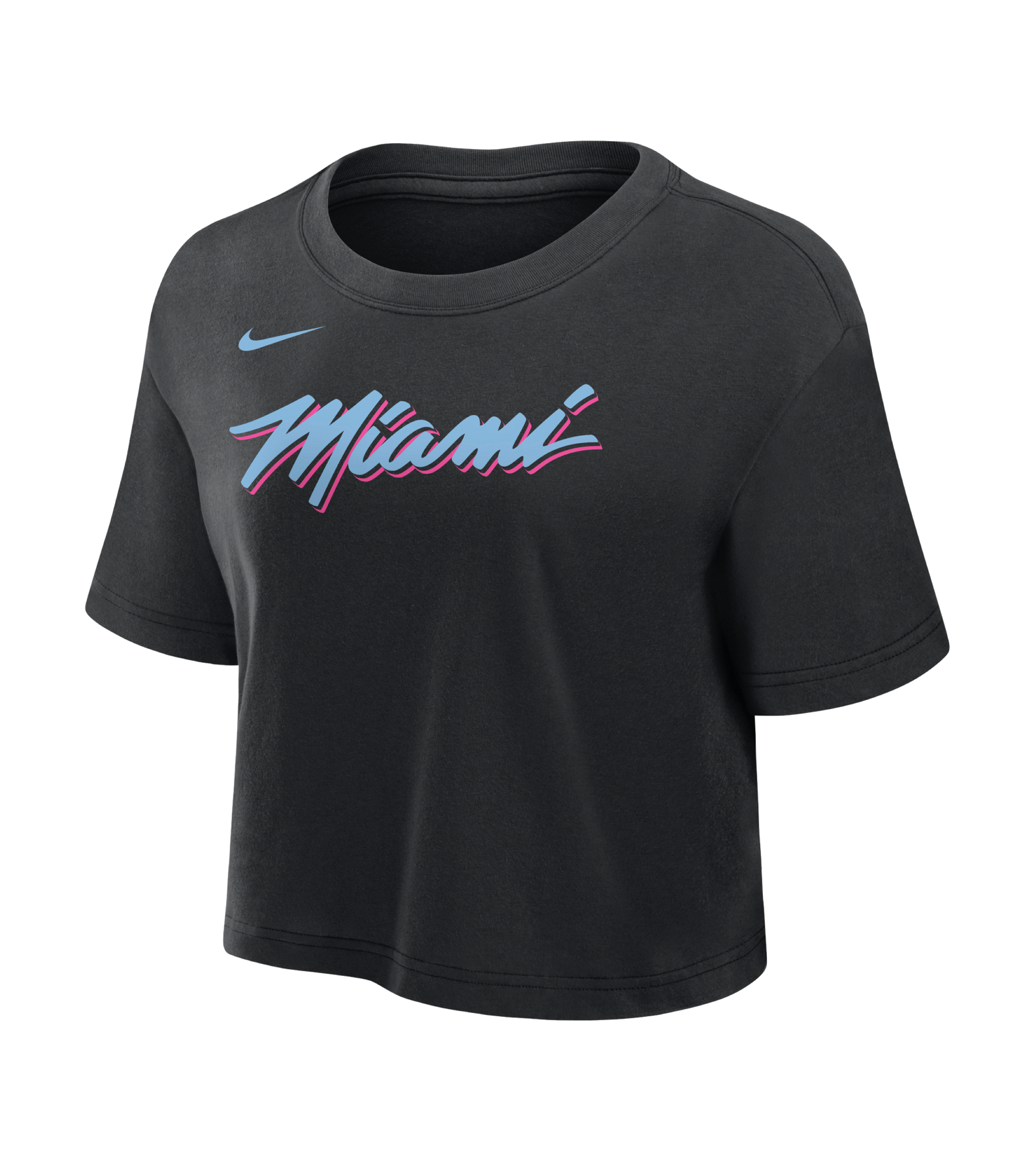 The Nike Miami HEAT Original Vice Nights Cropped Women's Tee features a black cropped fit, blue Nike logo, and “Miami” in pink and blue lettering. Made from a cotton-poly blend; wash inside out to preserve its vibrant colors.