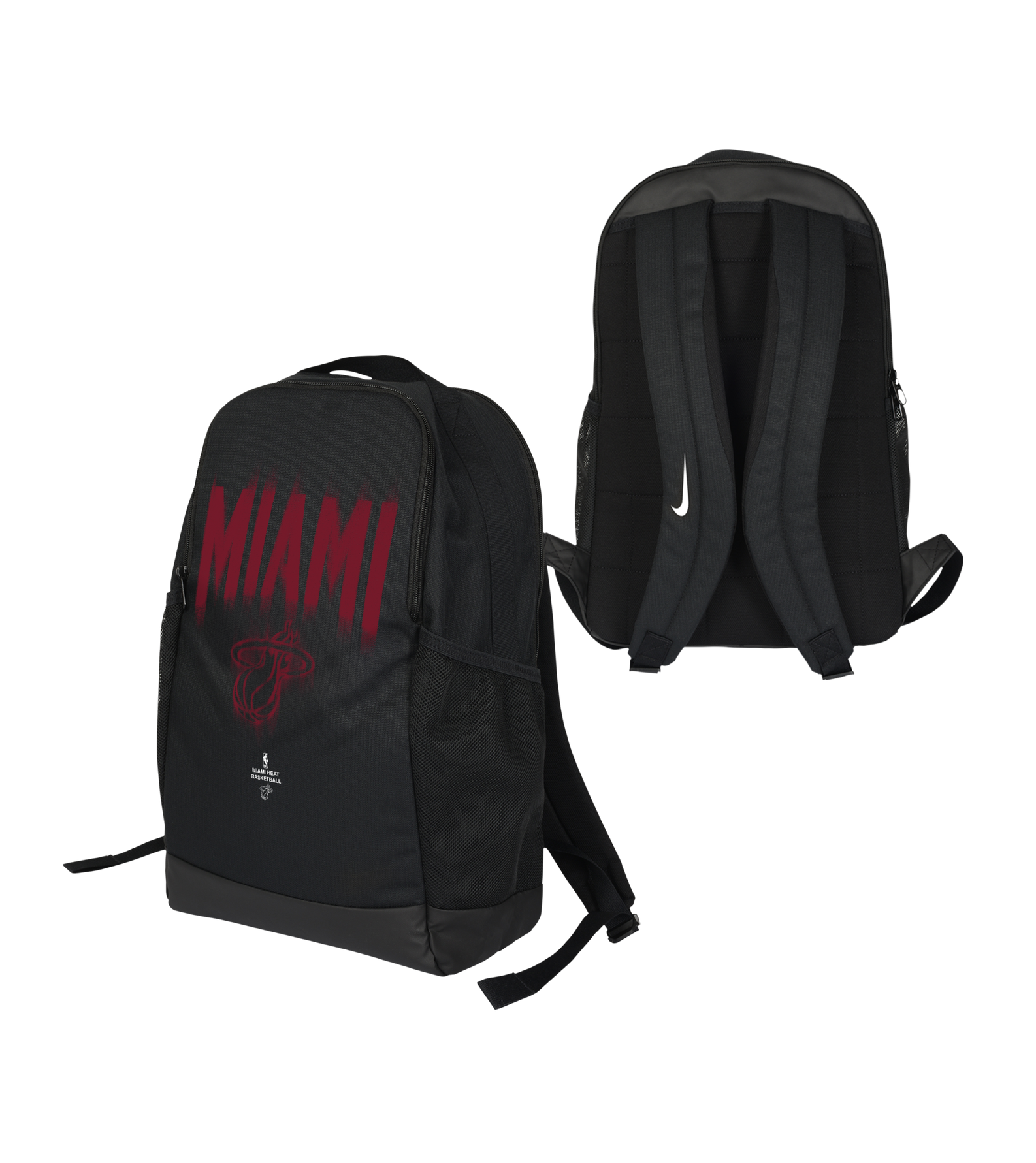 Two views of the Nike Miami HEAT Backpack: one side displays “MIAMI” in red lettering along with the team’s logo, while the other showcases padded shoulder straps featuring a white Nike logo. The backpack by Nike also includes a spacious zippered compartment for convenient storage.