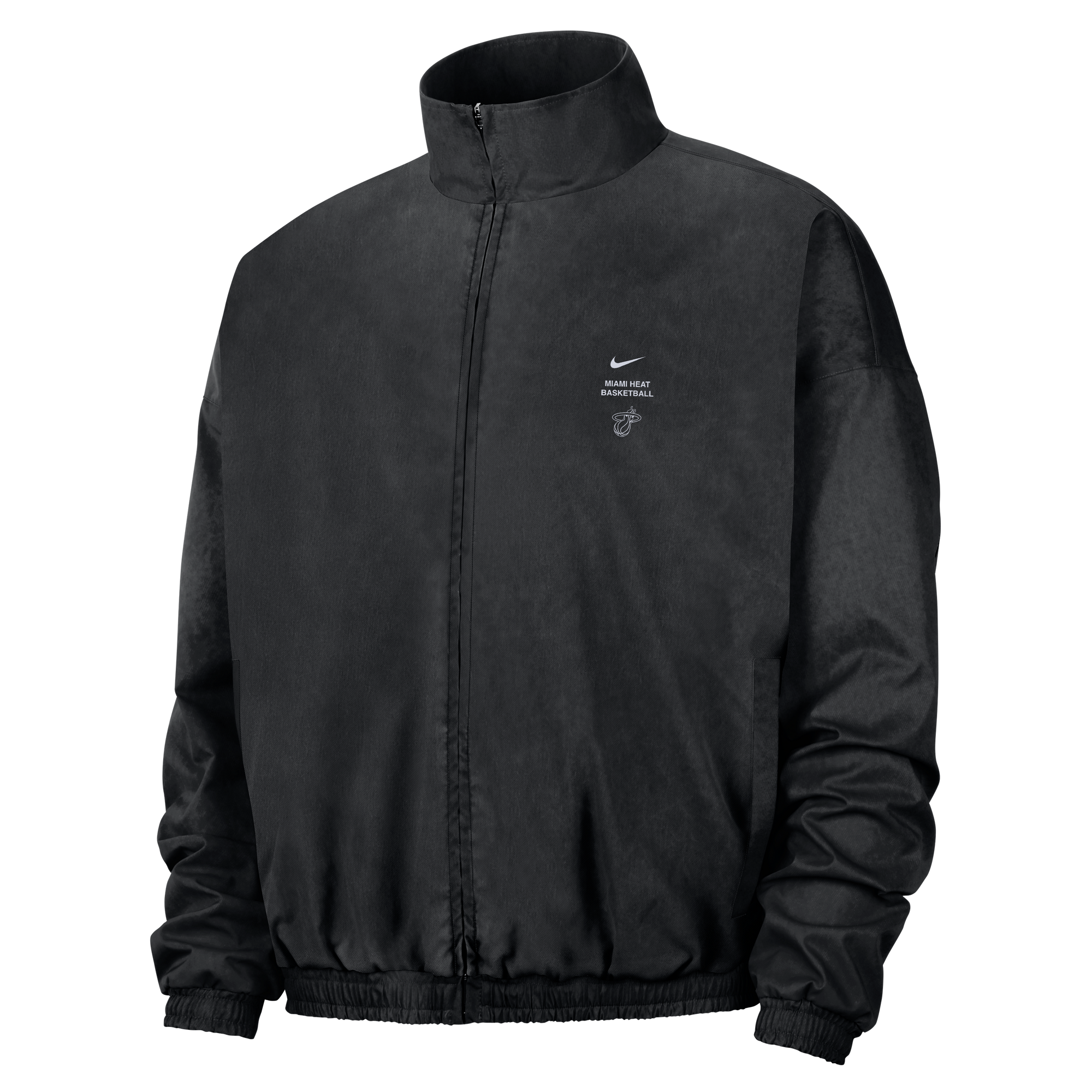 Black Nike Miami HEAT Standard Issue Woven Jacket featuring a stand collar, a small logo, and the text Miami Heat Basketball on the left chest.