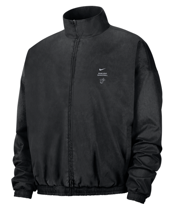 Black Nike Miami HEAT Standard Issue Woven Jacket featuring a stand collar, a small logo, and the text Miami Heat Basketball on the left chest.
